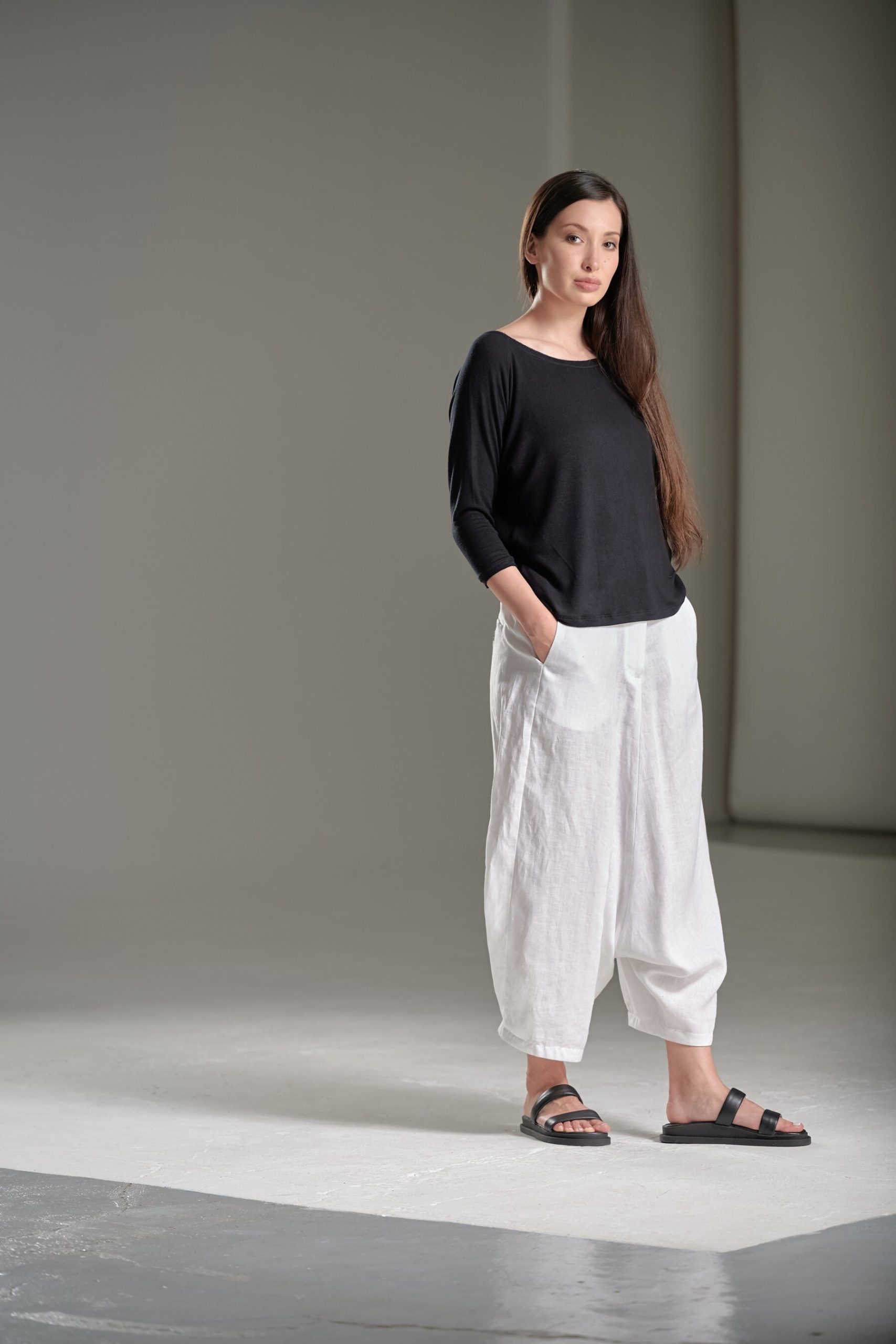 White Cropped Linen Pants/ Extravagant Drop Crotch Loose Trousers/Harem Pants By Aryasense Pllcr20Wh