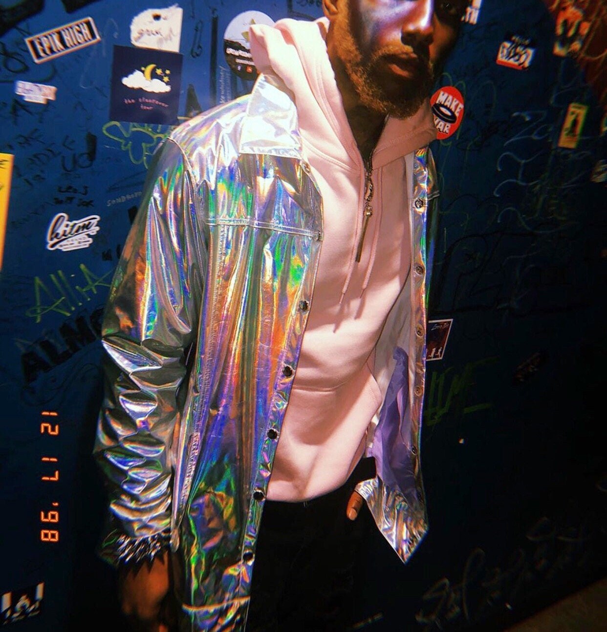 White Holographic Oversize Long Jacket Windbreaker Blazer Raincoat Cyber Galaxy Party Y2K Custom Made Harajuku