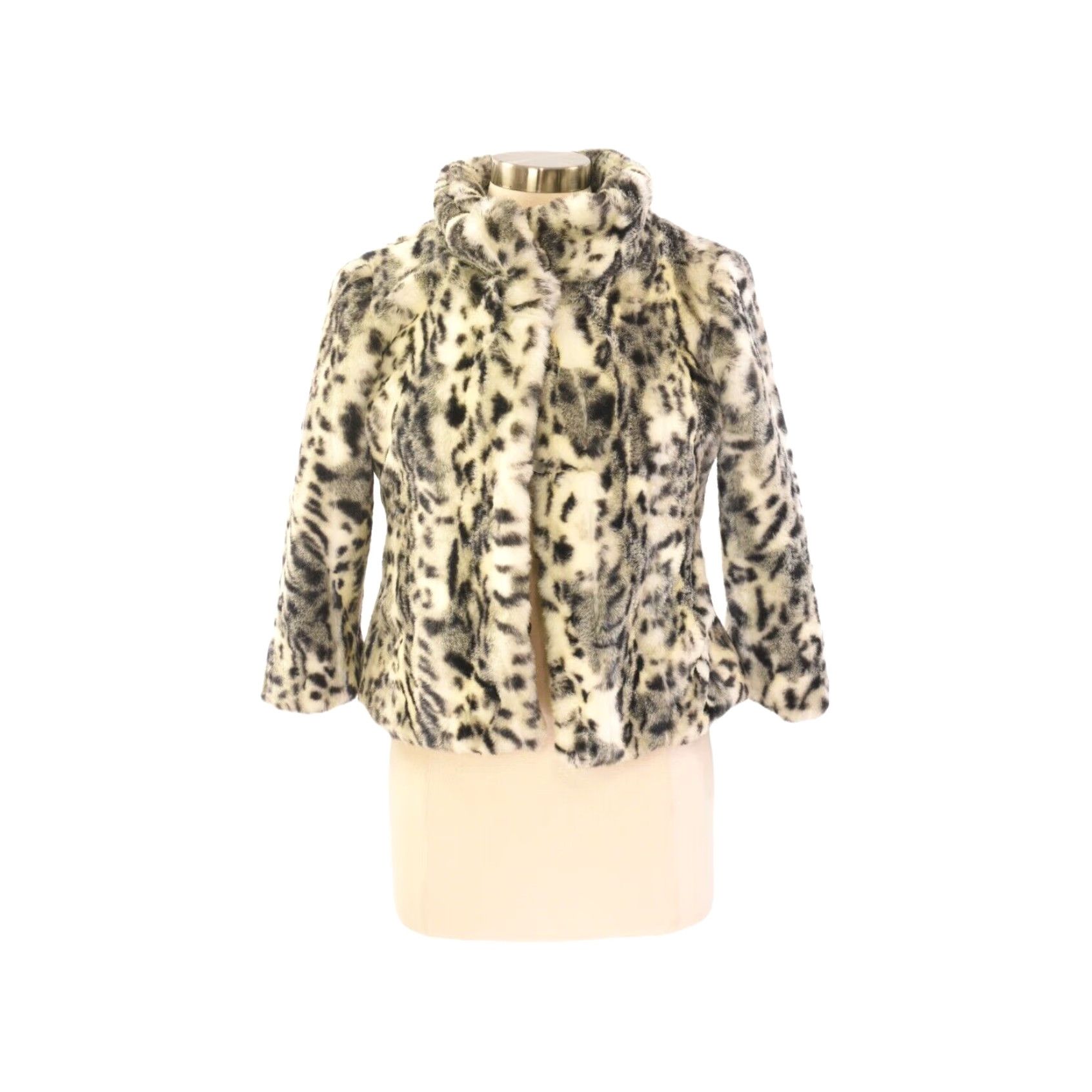 White House Black Market Luxurious Faux Fur Leopard Print Womens Coat With Stand Up Collar In Xs Size in White