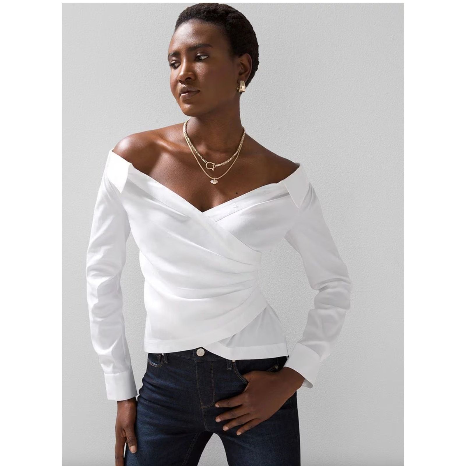 White House Black Market Whbm White Classic Off-The-Shoulder Poplin Surplice Top Nwt, Women's (Size XL)