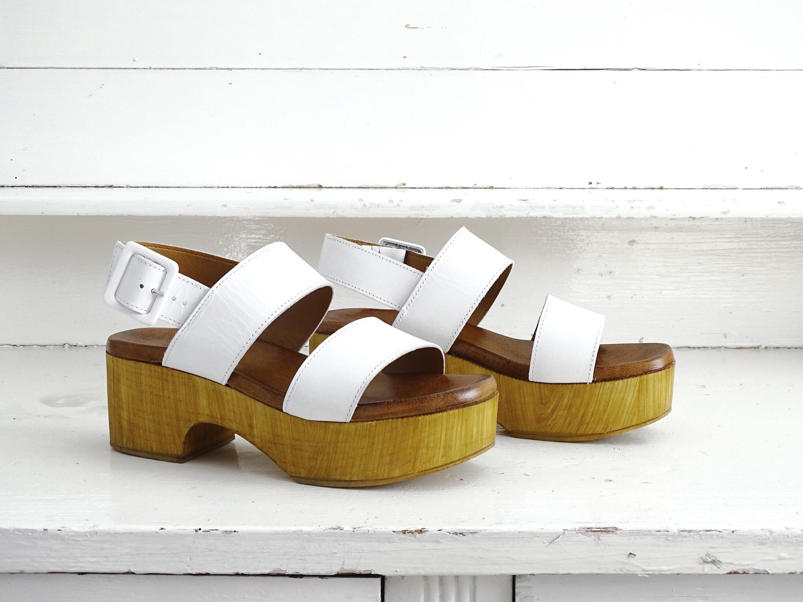 White Italian Platform Sandals with Straps, Bata Mules Clogs Sandals, Comfortable Women Chunky Block Heel Us 8.5 Eu 39 Uk 6.5