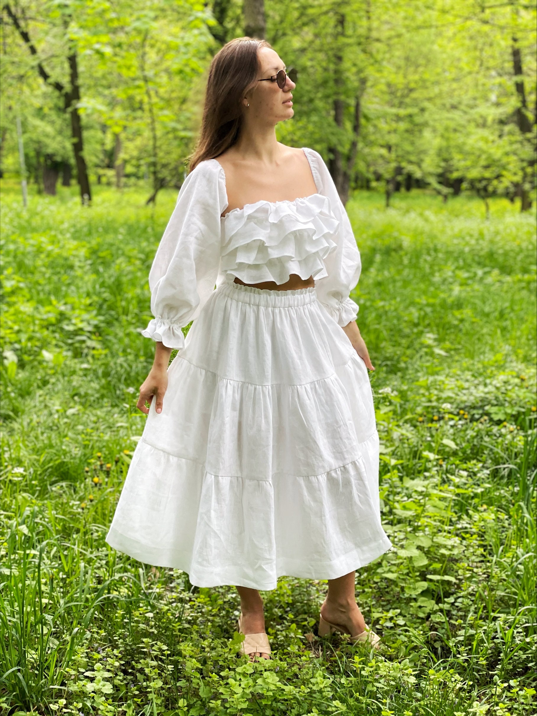 White Linen Skirt, Wedding Tiered White Skirt From Natural Linen, Long For Woman