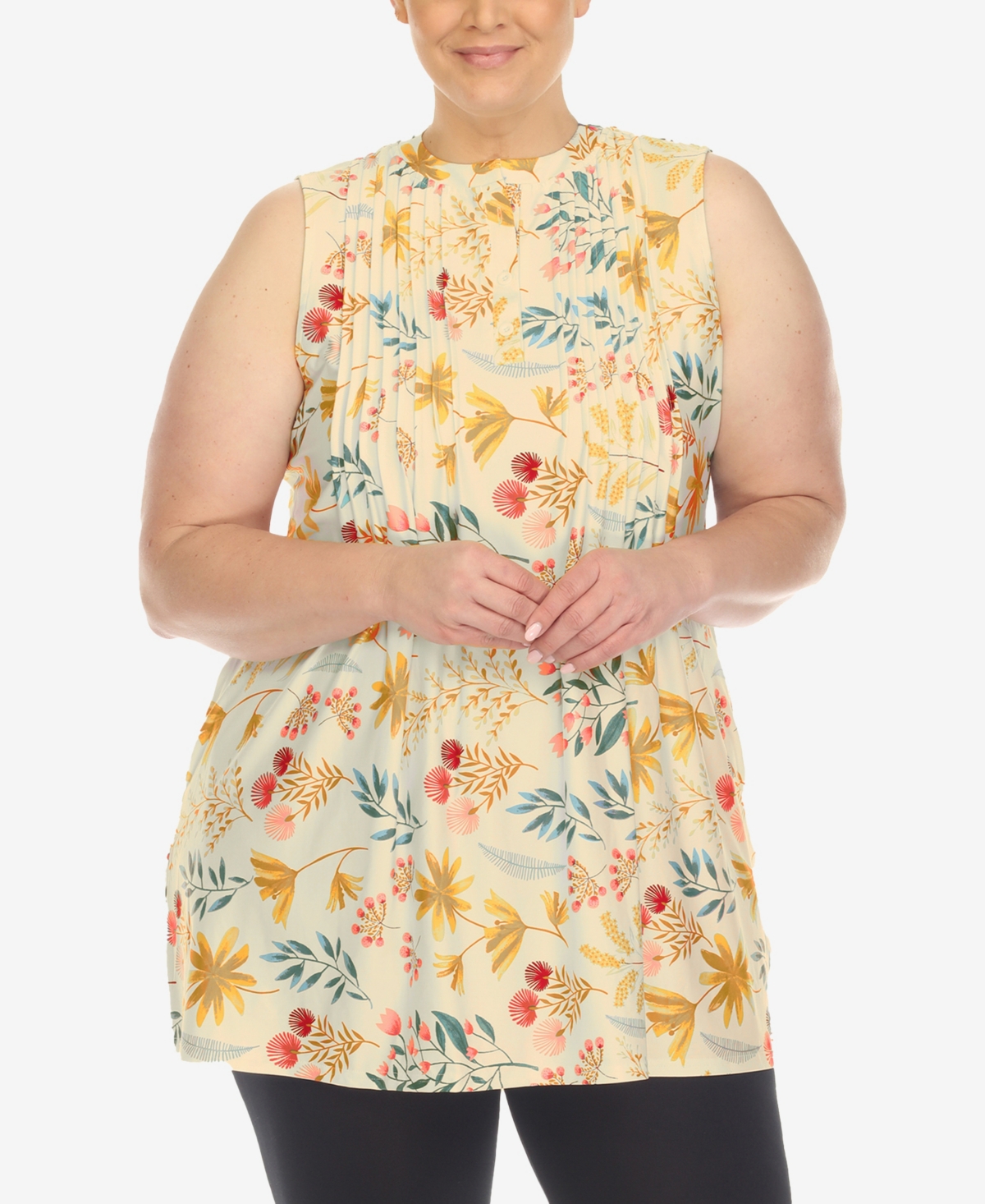 White Mark Plus Size Floral Sleeveless Tunic Top - Beige