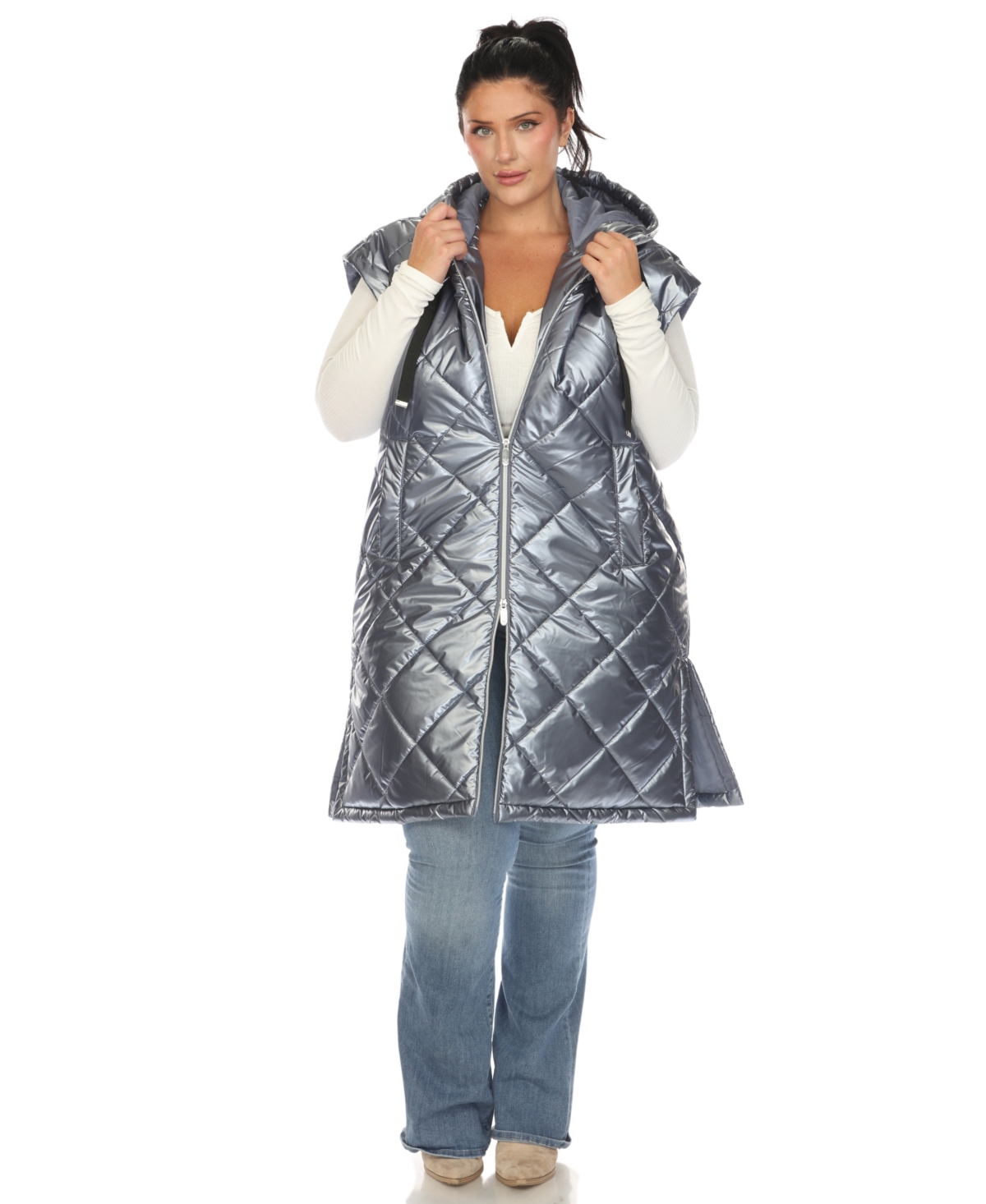 White Mark Plus Size Metallic Puffer Vest Jacket - Metallic Denim