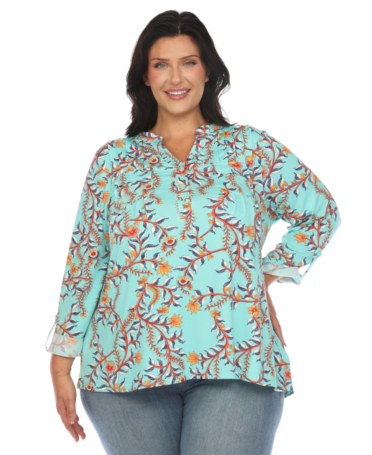 White Mark Plus Size Paisley Button Front Tunic Top - Mint