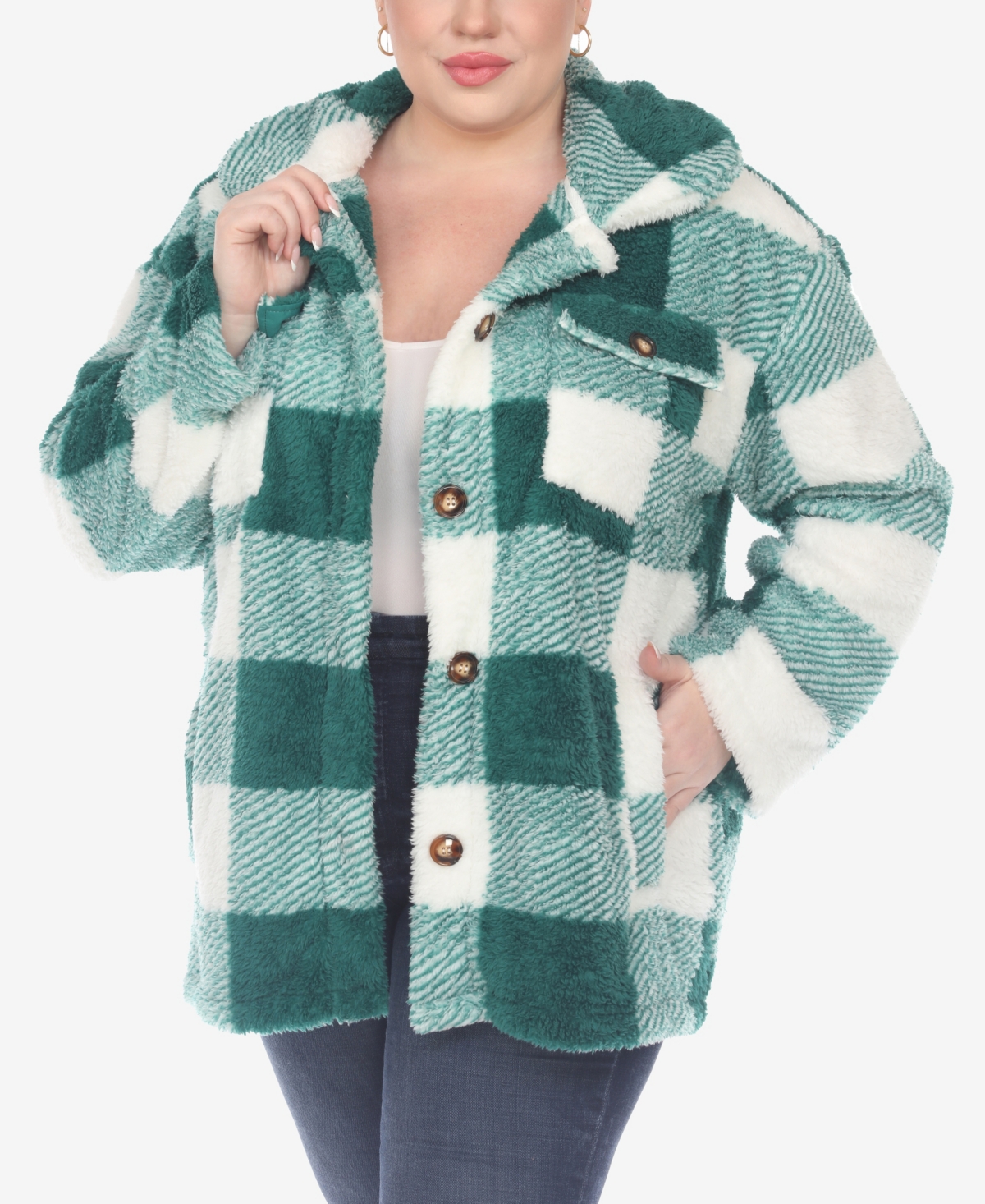 White Mark Plus Size Plaid Shacket Jacket - Green, White