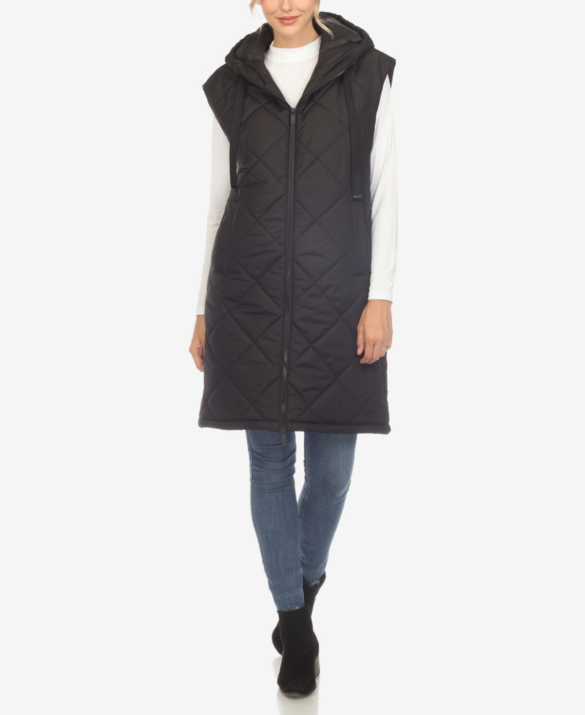 White Mark Women's Diamond Quilted Hooded Long Puffer Vest Jacket - Black