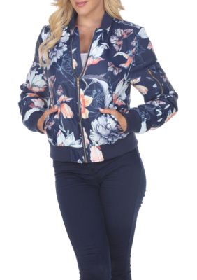 White Mark Women's Floral Bomber Jacket, Navy Blue, Medium