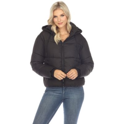 White Mark Women's Full Front Zip Hooded Bomber Puffer Jacket, Black, Small