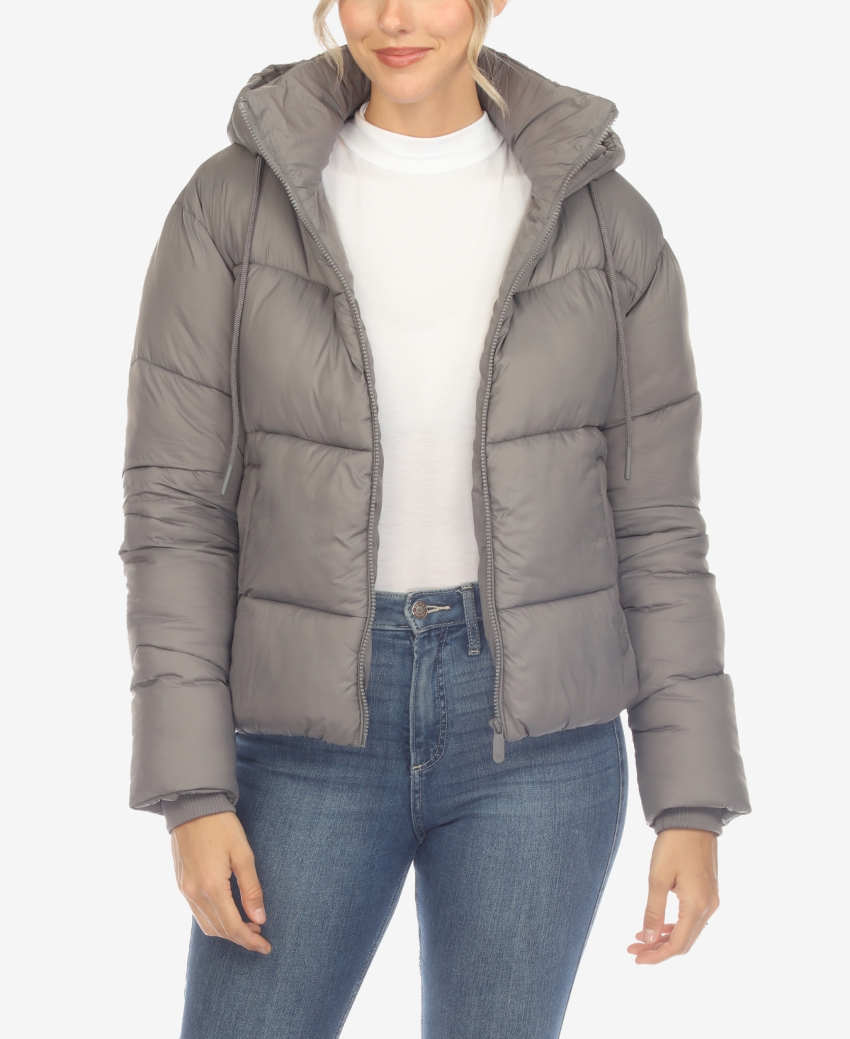 White Mark Women's Full Front Zip Hooded Bomber Puffer Jacket - Gray