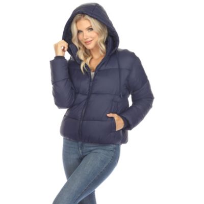 White Mark Women's Full Front Zip Hooded Bomber Puffer Jacket, Navy Blue, Small