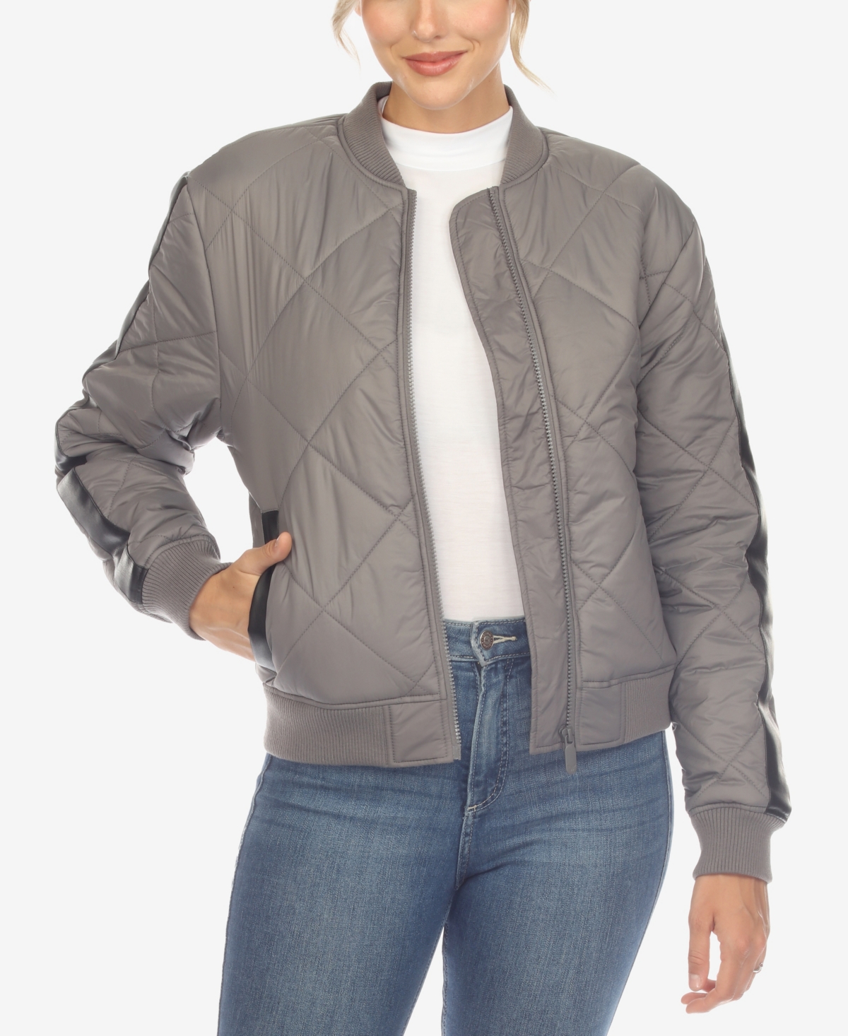 White Mark Women's Lightweight Diamond Quilted Puffer Bomber Jacket - Gray