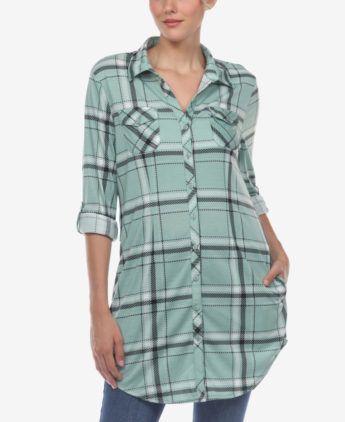 White Mark Women's Plaid Tunic Top Shirt - Mint