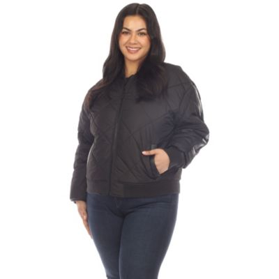 White Mark Women's Plus Size Lightweight Diamond Quilted Puffer Bomber Jacket, Black