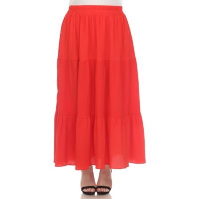 White Mark Women's Plus Size Pleated Tiered Maxi Skirt, Red