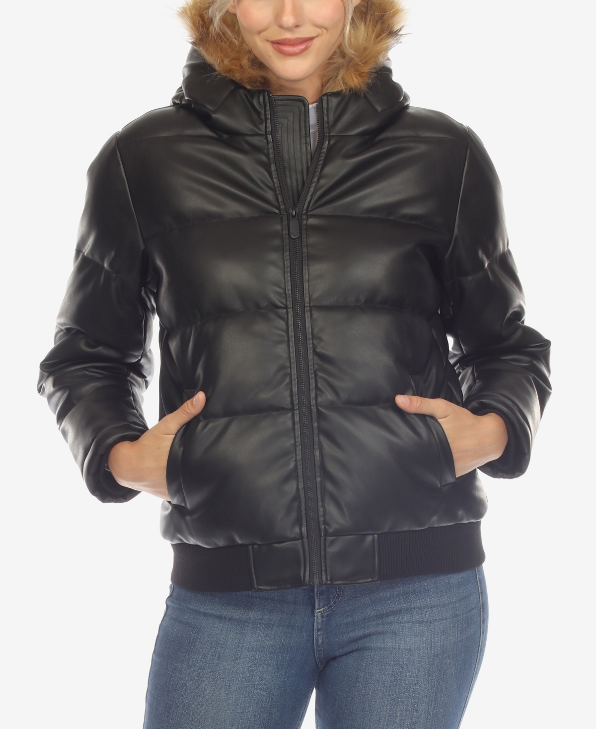 White Mark Women's Removable Furry Hoodie Bomber Leather Jacket - Black