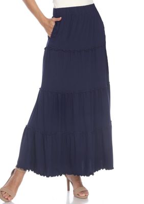 White Mark Women's Tiered Maxi Skirt, Navy Blue, X-Large