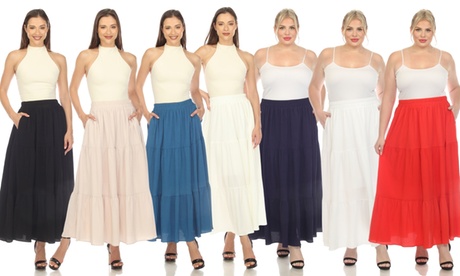 White Mark Women'sPleated Tiered Maxi Skirt (Available in Plus Size) L Champagne Maxi Skirt