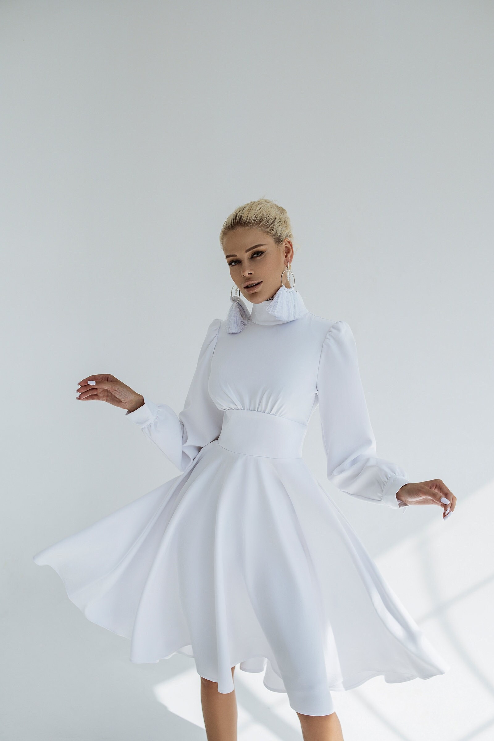 White Midi Dress With Long Sleeves & Circle Skirt, Civil Wedding Bridal Midi, Modest Engagement Dress, Courthouse Wedding