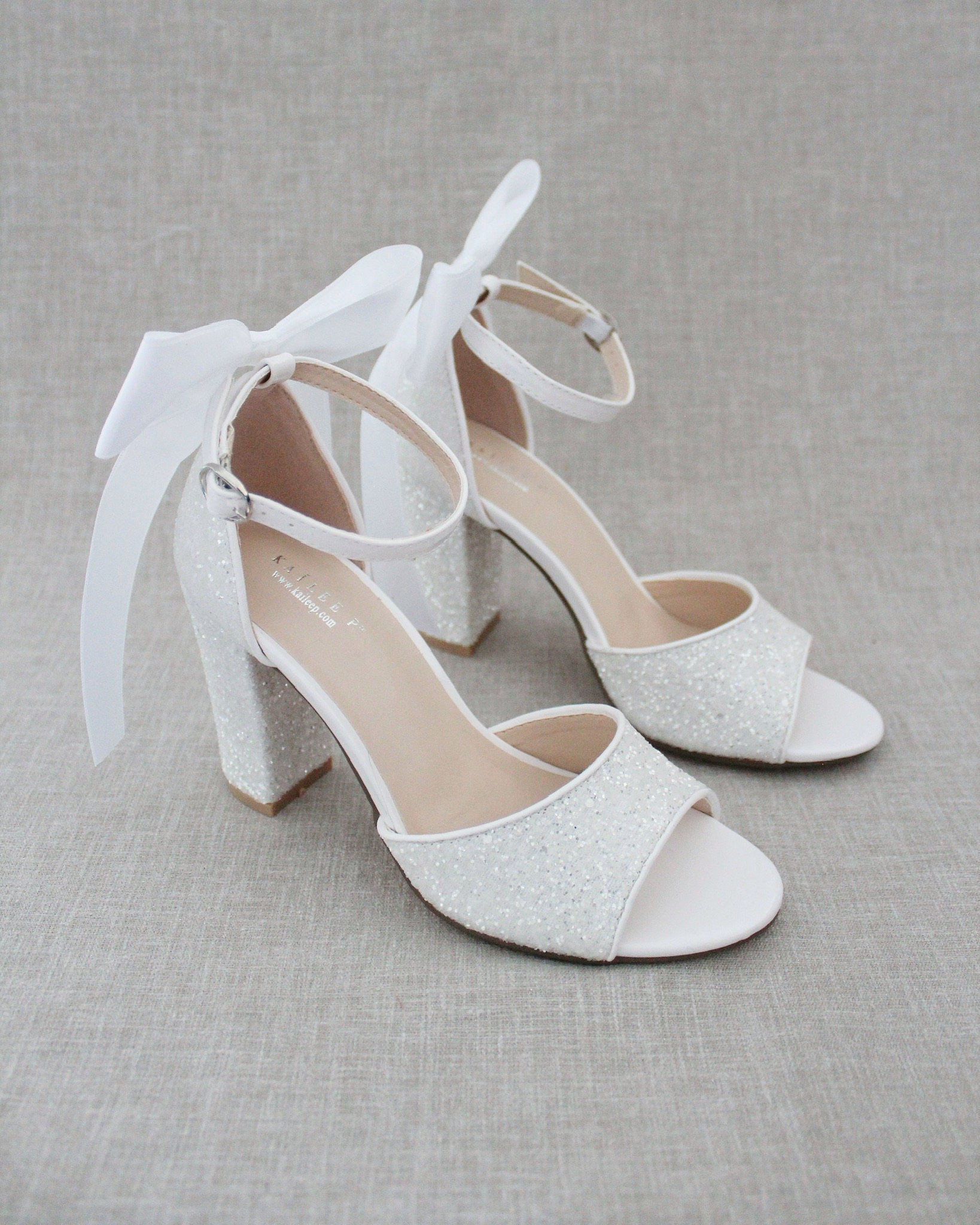 White Rock Glitter Block Heel Sandals With Satin Back Bow - Women Wedding Shoes, Bridesmaids Bridal Holiday Shoes