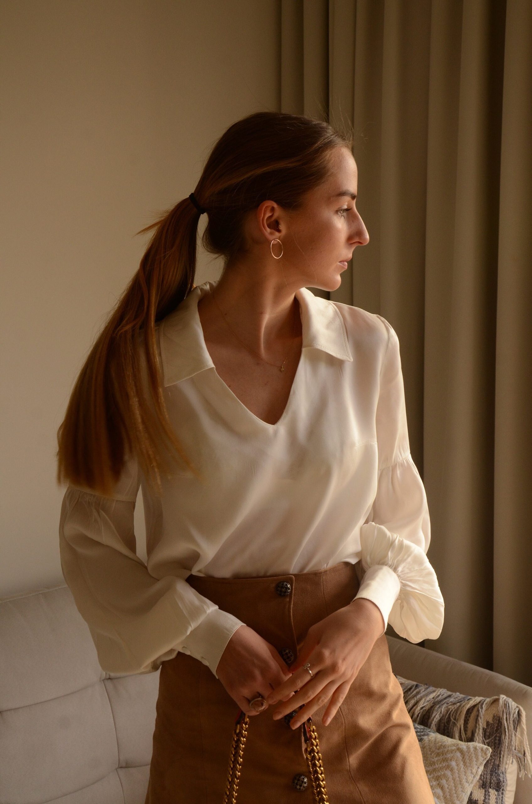 White Silk Blouse For Women With Puffy Sleeves, Top A V-Neck & Collared Neckline, Luxurious Long-Sleeved Flowing Shirt, Elegant Tunic