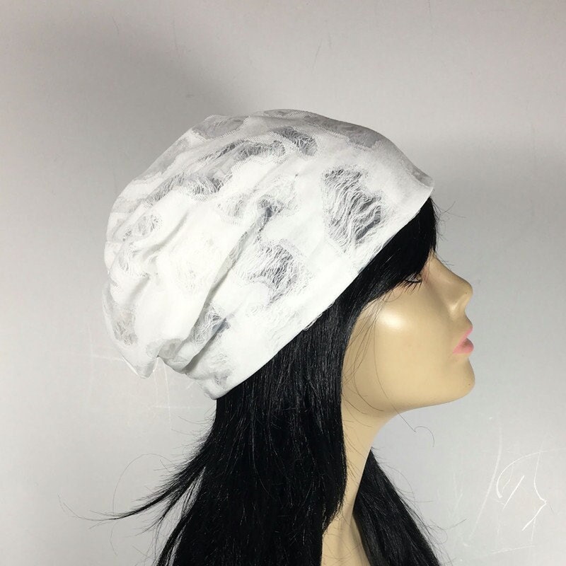 White Slouchy Beanie Shredded Ghost Lightweight Hat Halloween Grunge