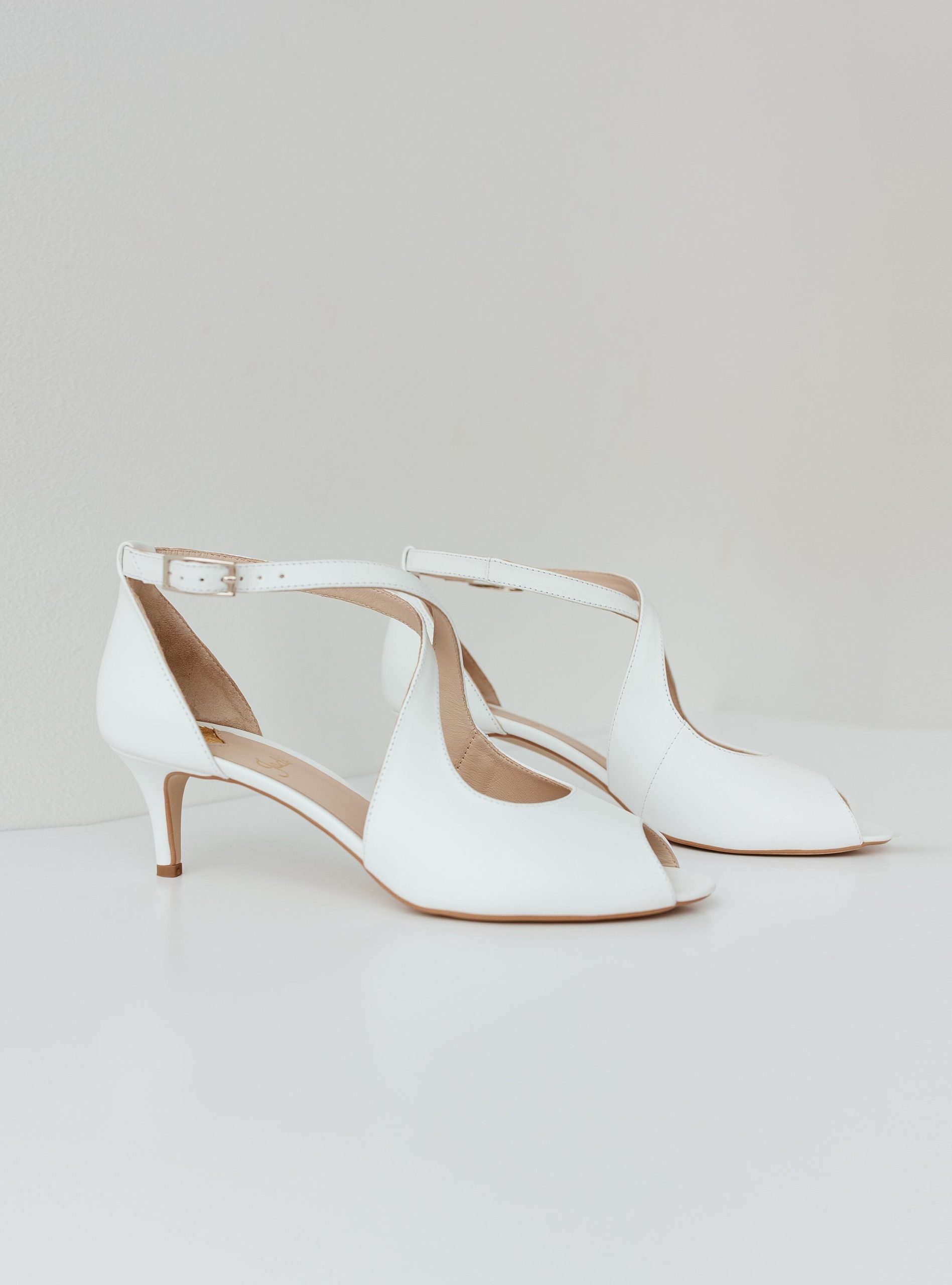 White Wedding Shoes With Open Peep Toe & Kitten Heel, Classic Bridal Heels Ankle Strap Low Slim Heels, Bridesmaid