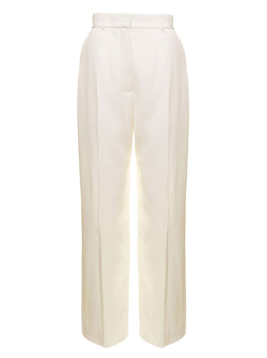 White Wide Leg Tailored Trousers In Silk Blend Woman