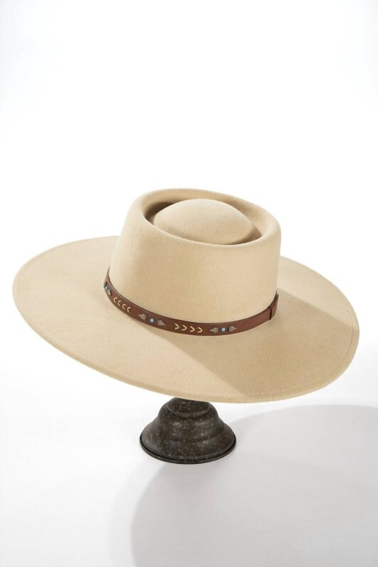 Wide Brim Boater Hat With Navajo Inspired Leather Trim In Beige