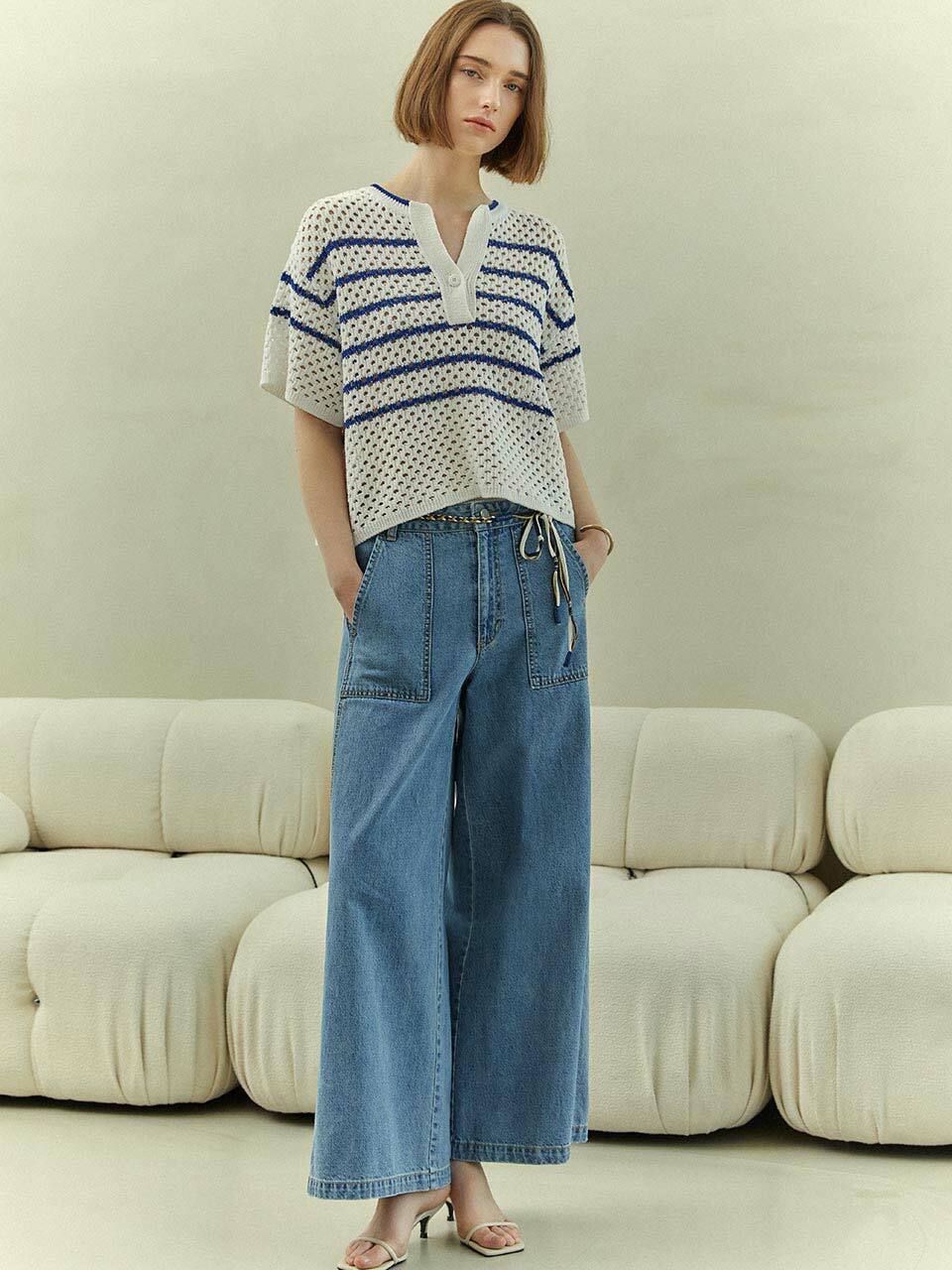 Wide Cropped Blue Denim Pants