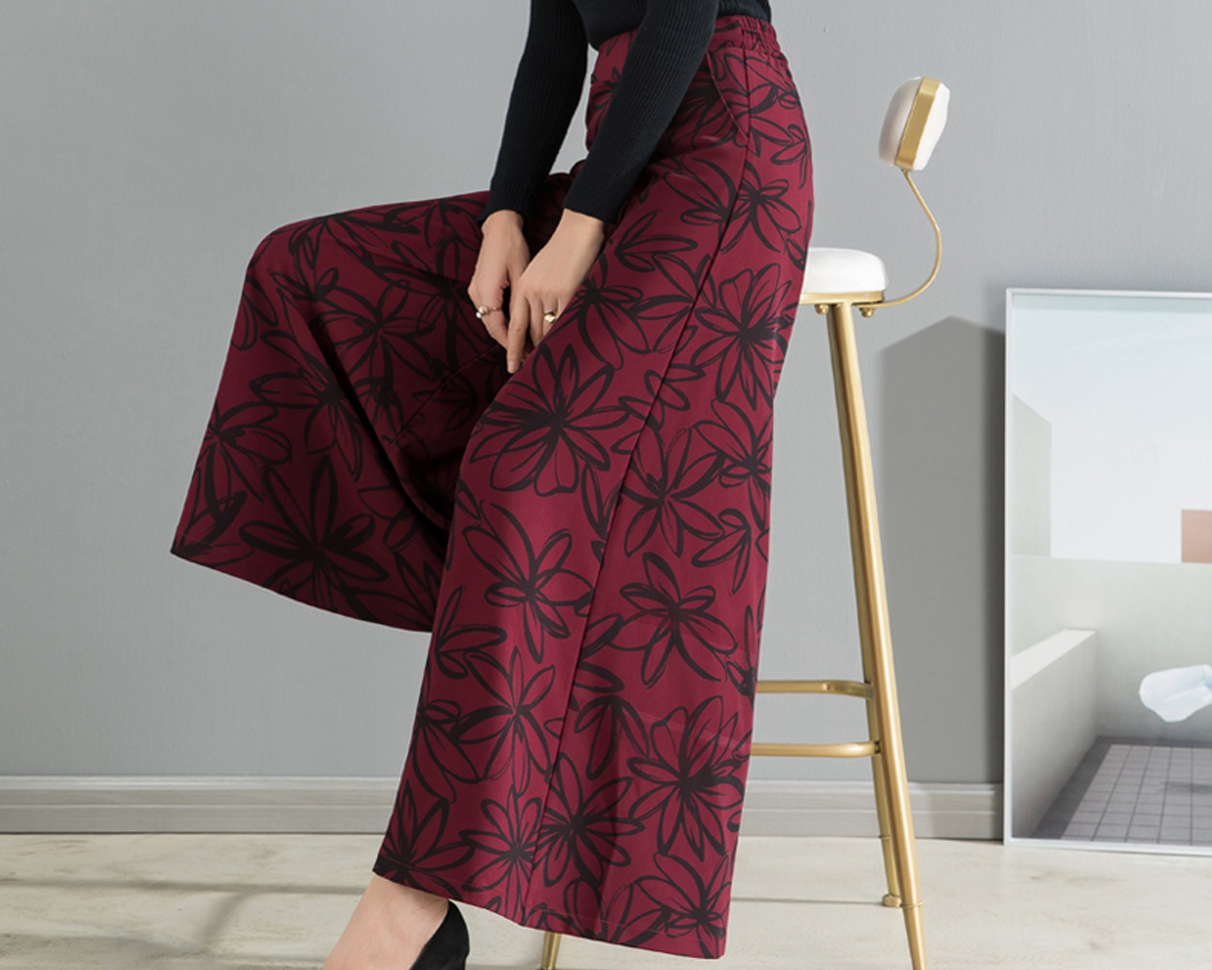 Wide Leg Pants, Cropped Printed Flare Skirt Plus Size Trousers, Casual Customized Pants P2036