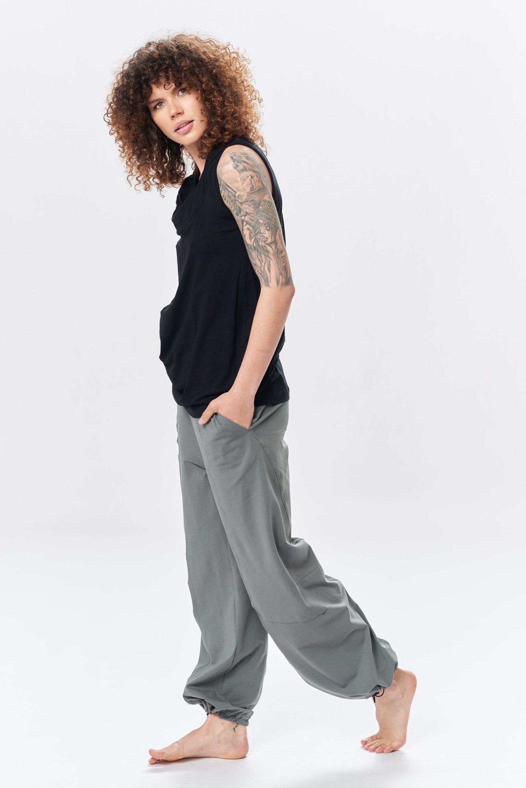 Wide-Leg Pants With Pockets/Loose Cotton Trousers Military Green Trousers Pwlp21Mgn