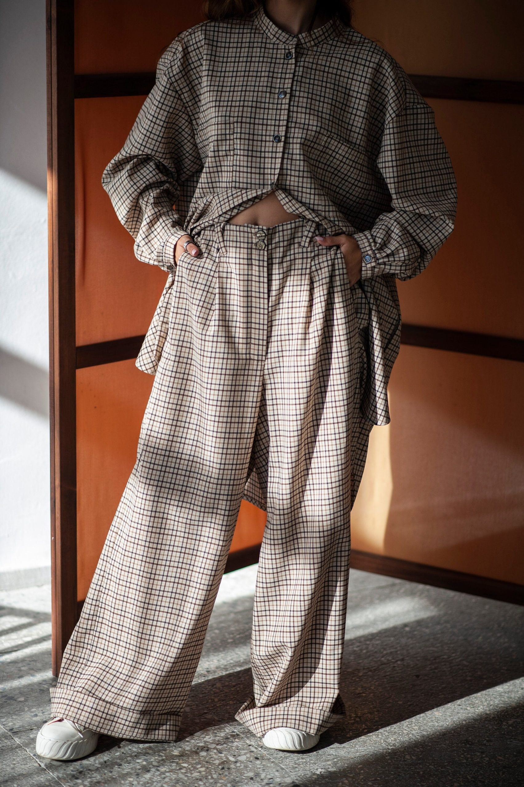 Wide-Leg Plaid Trousers With Front Pleats For Women, Maxi Pants, Modern Casual Work Palazzo Pants