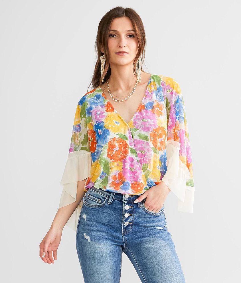 Willow & Root Floral Surplice Mesh Top