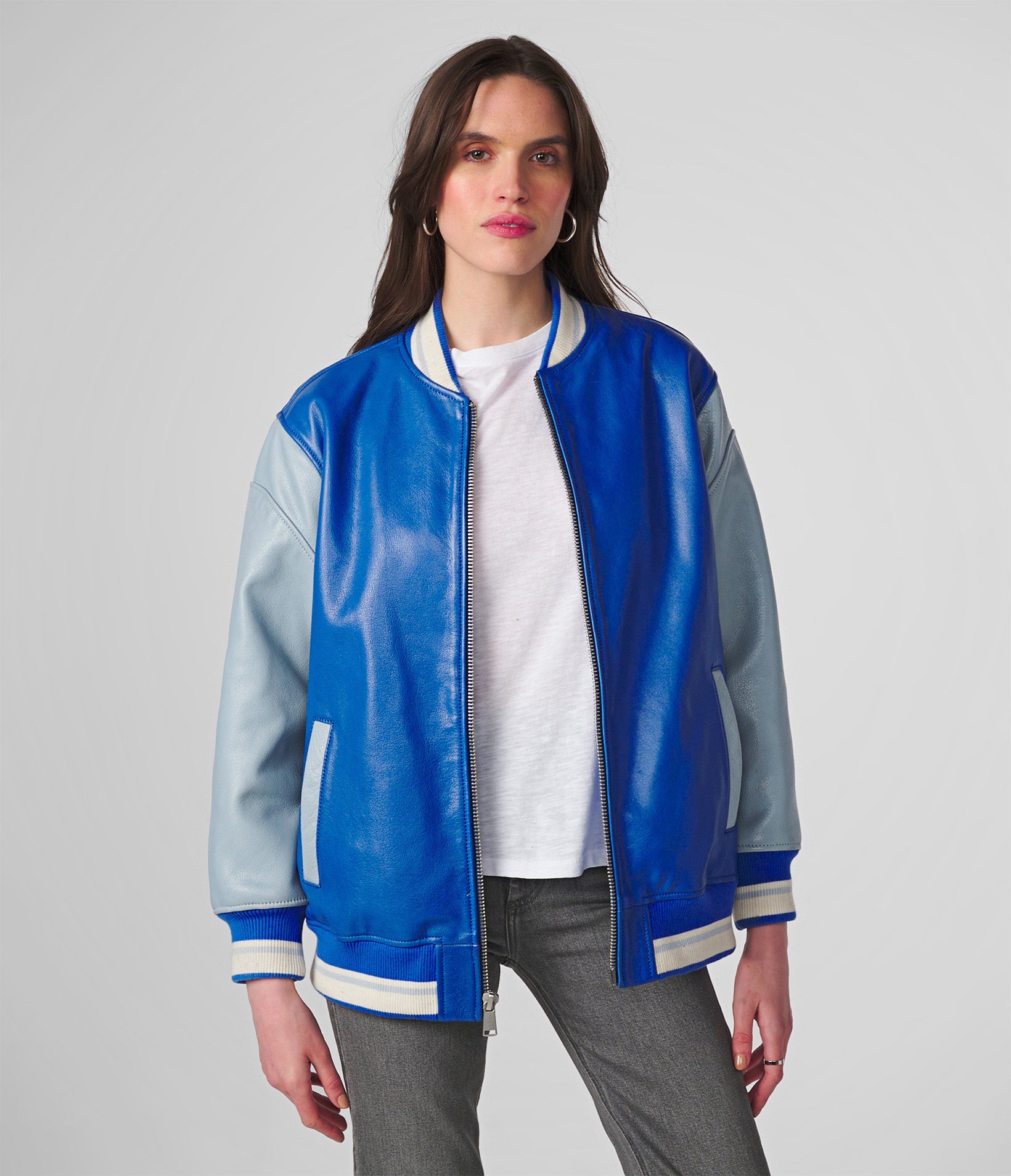 Wilsons Leather | Women's Raven Oversized Varsity Jacket | Amparo Blue | XS