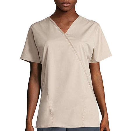 Wink Wonderwork Mock Wrap Womens Tag Free Short Sleeve Scrub Top, X-small, Beige