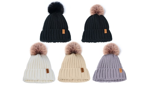 Winter Beanie Hat for Women Faux Fur Pom Pom Hats Womens Warm Cap Black hat Brown fur ball