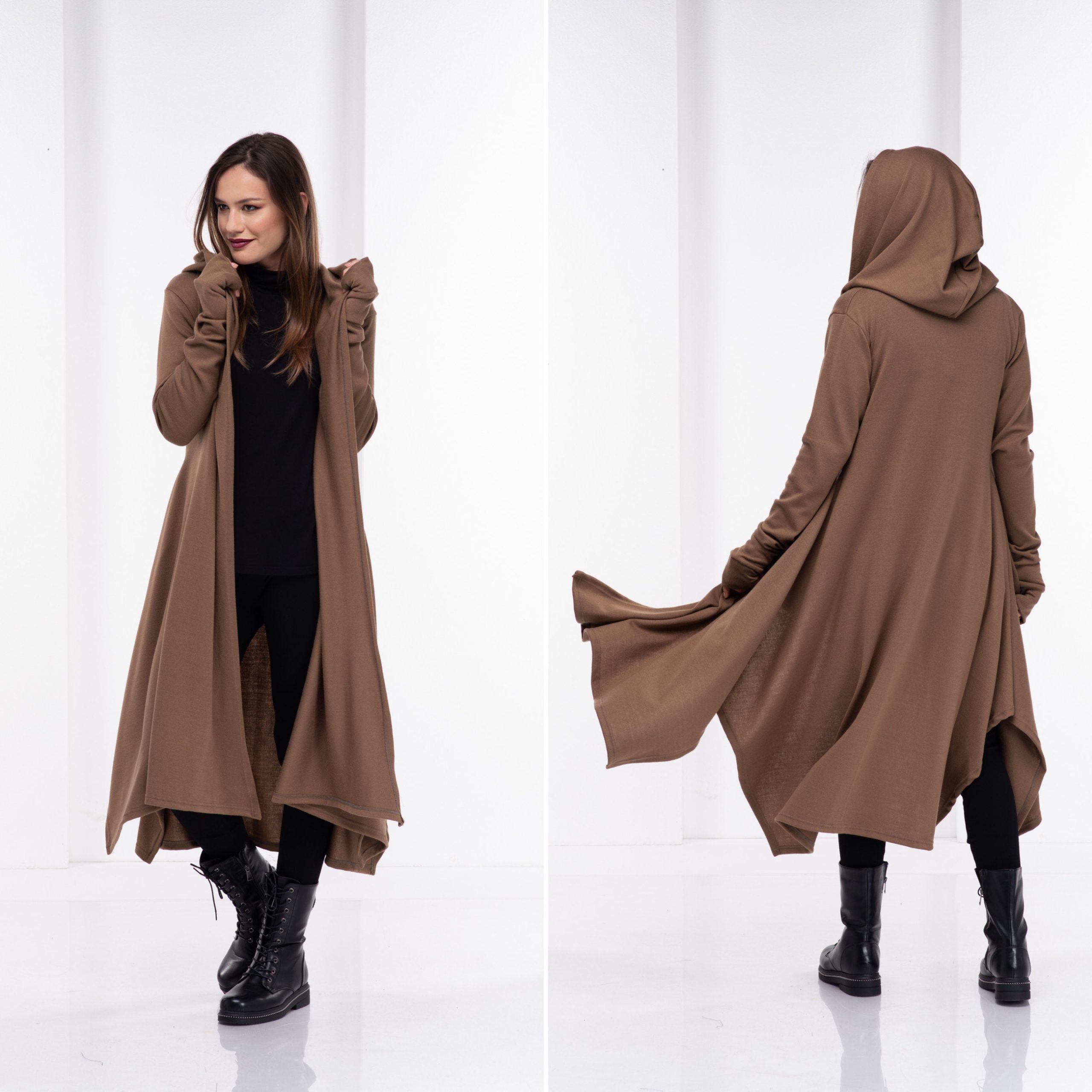 Winter Cloak With Hood, Long Hooded Cape, Wool Sweater Cape Coat, Oversized Open Cardigan, Medieval Camel