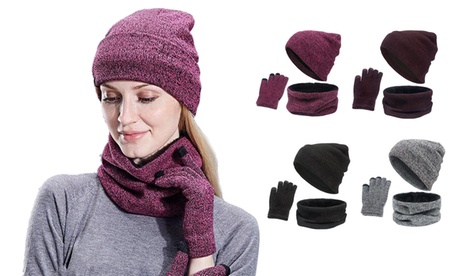 Winter Warm Knit Fleece Lined Beanie Hat Scarf Touchscreen Gloves Set Grey