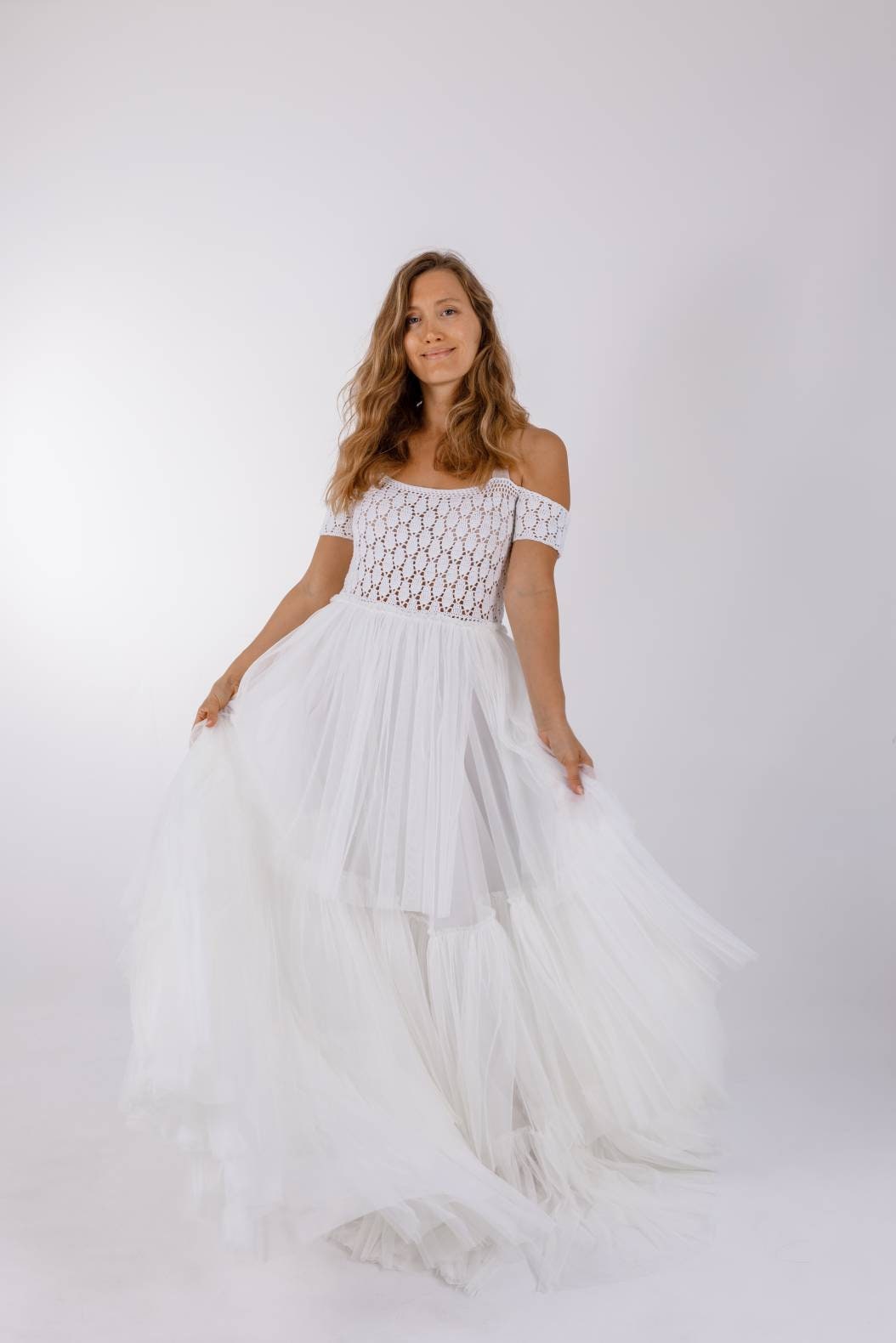 Woman Boho Wedding Dress. Beach Dress With Crochet Off Shoulder Top & Tiered Tulle Skirt. Custom Colors. Bridesmaid's Dress