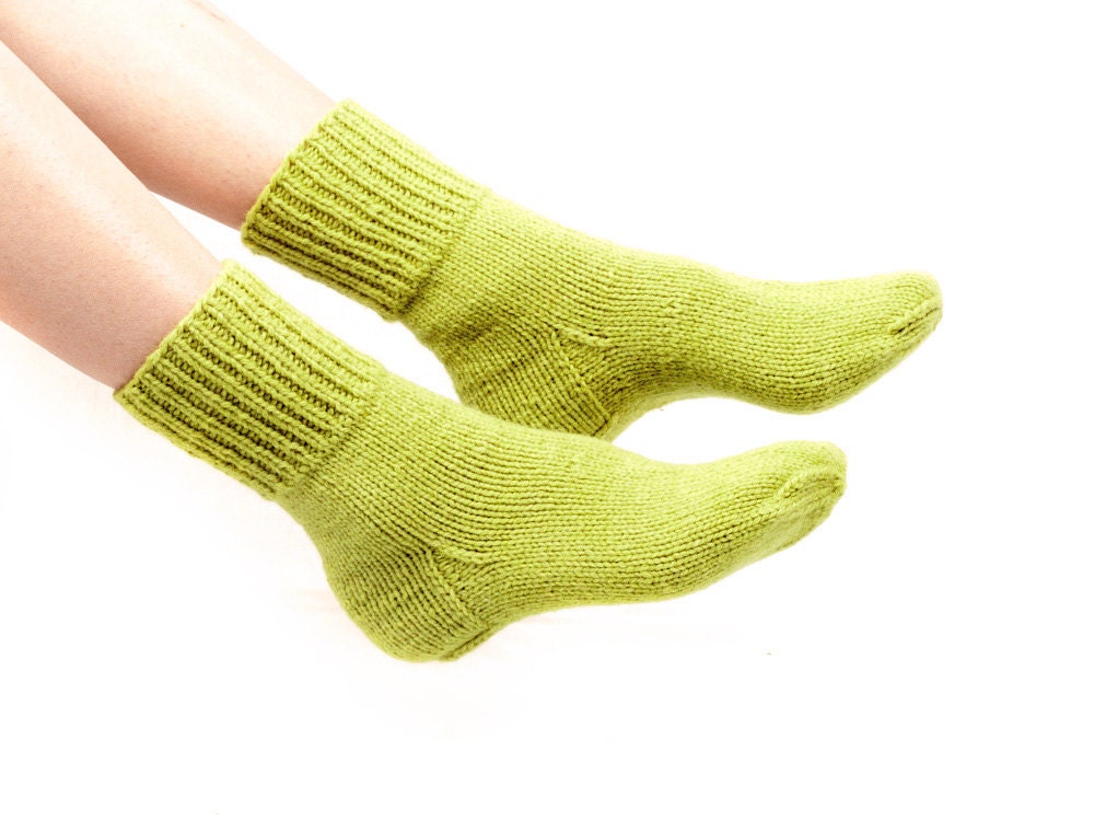 Woman Wool Socks "Green Apple". Hand Knitted From Light Green Sheep Wool Yarn. Great To Wear With Boots