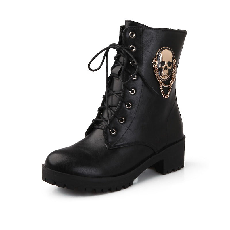 Women Ankle Boots with Skull and Chain / Lace-Up Platform Womens Boots for Spring and Autumn Season