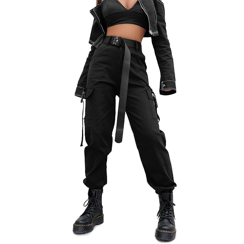 Women Cargo Pants / Joggers Black High Waist Loose Female Trousers in Rock Style