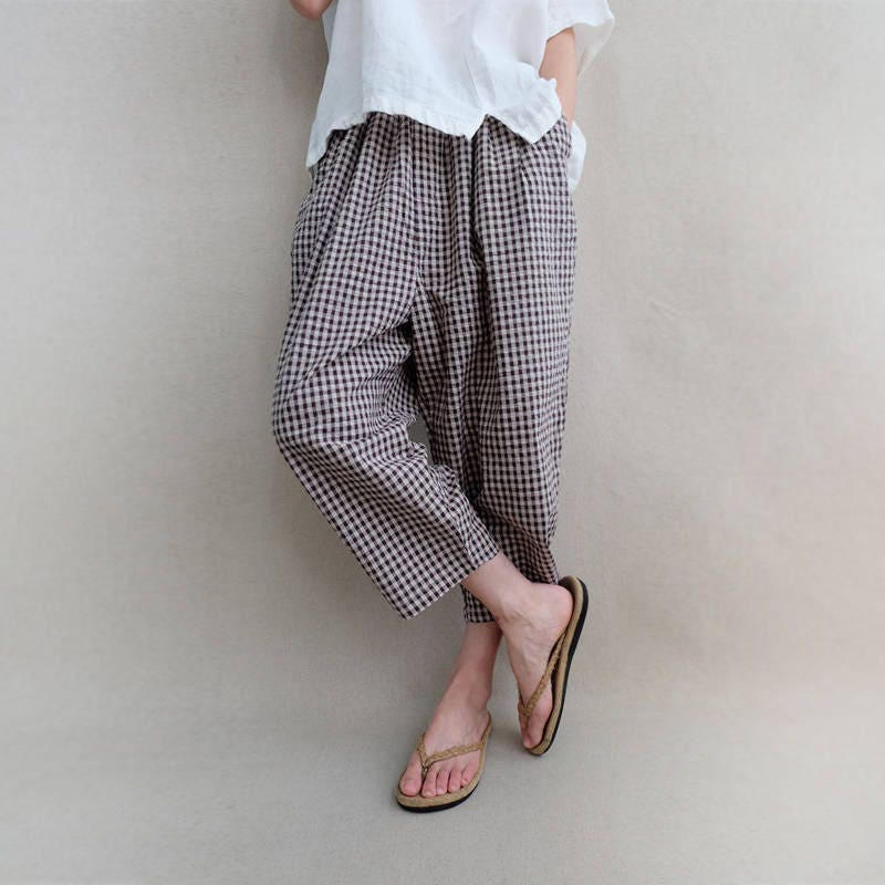 Women Cropped Pants Elastic Waist Linen Leisure Plaid Casual Harem Wide Leg