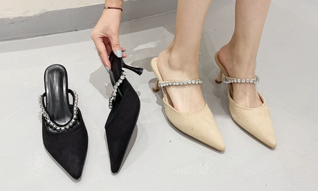 Women Elegant Rhinestone Strap Slip On Suede High-heeled Mules for Holiday Party Black Other EU 36/US 6