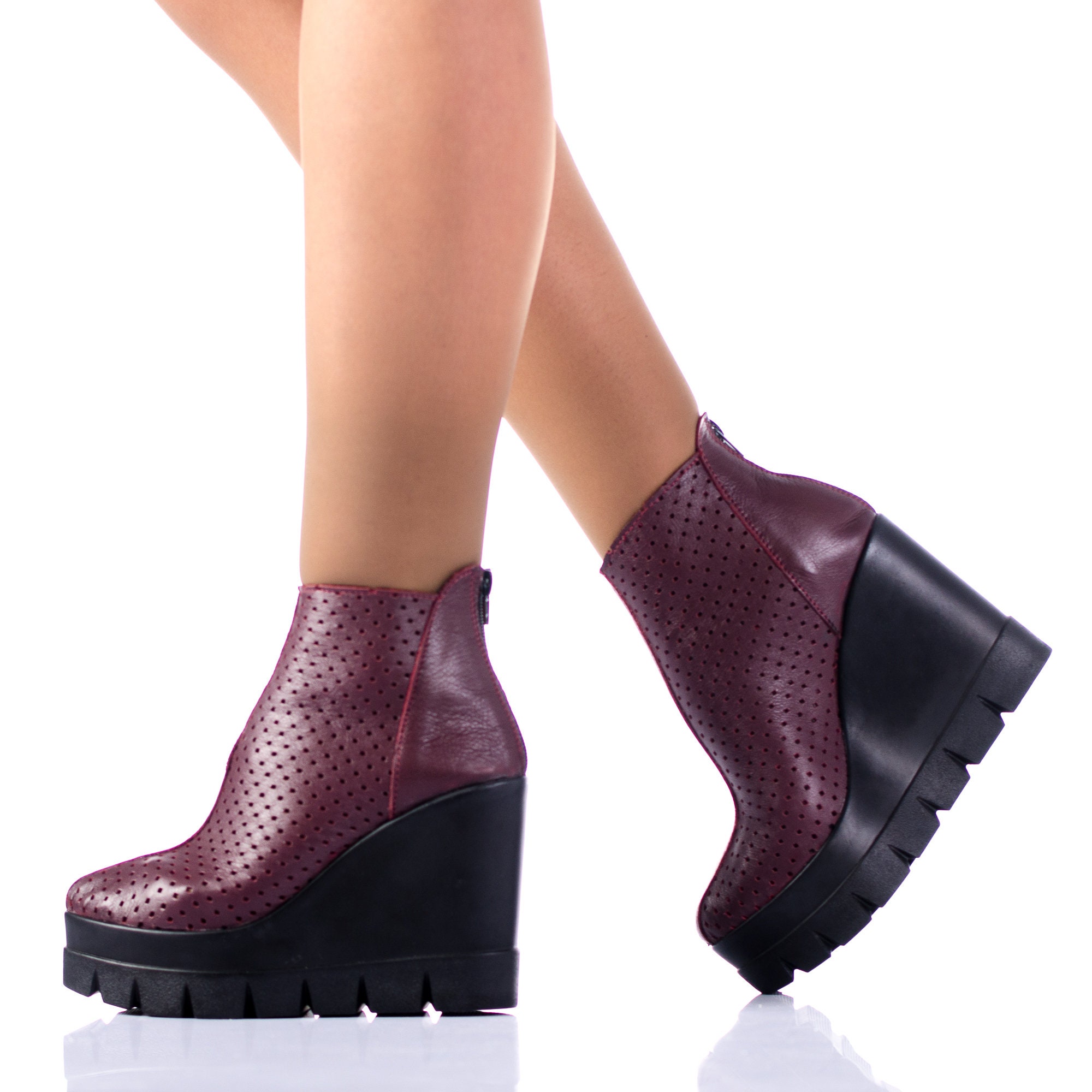 Women Genuine Leather Summer Boots, Burgundy Color Ankle Boots, Summer Boots On A Platform With Gently Perforated