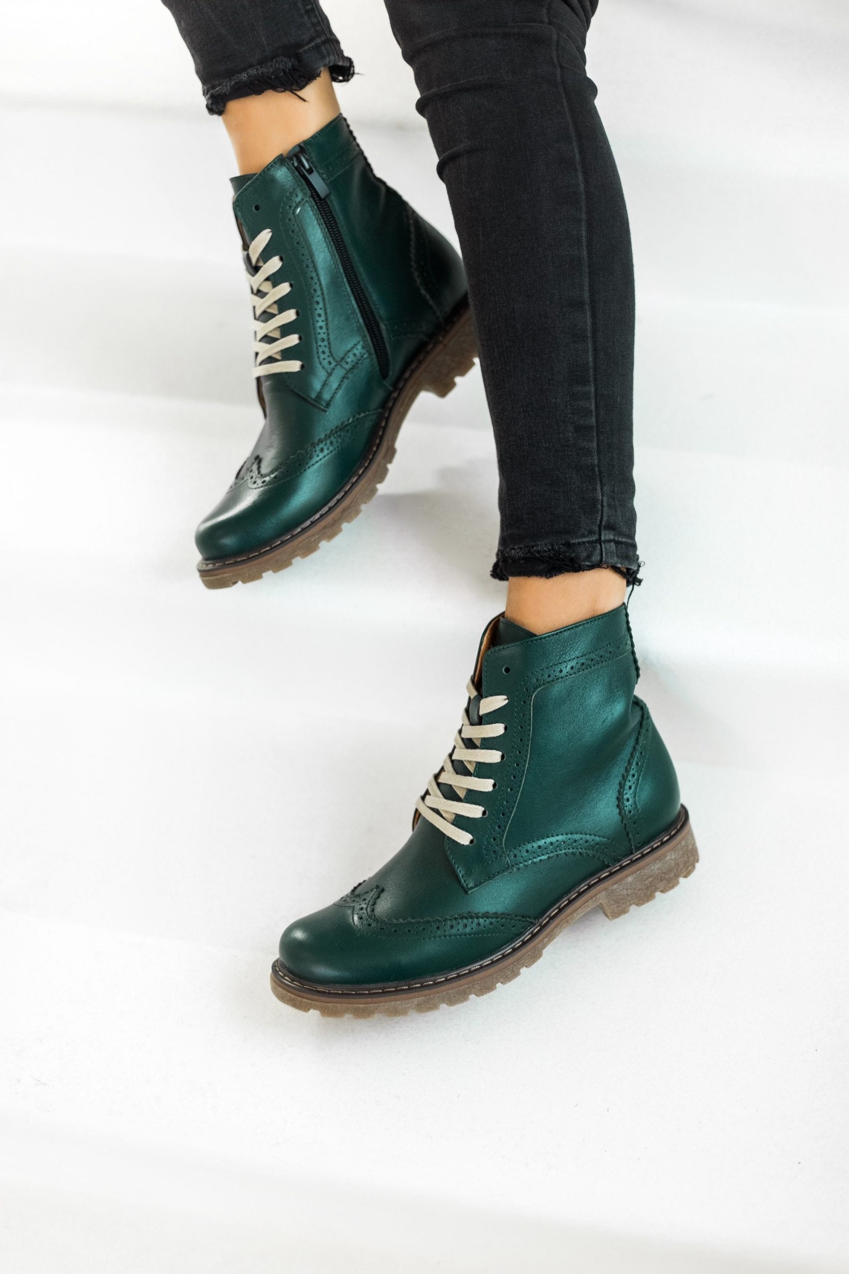 Women Green Brogue Boots, Autumn Lace Up Boots