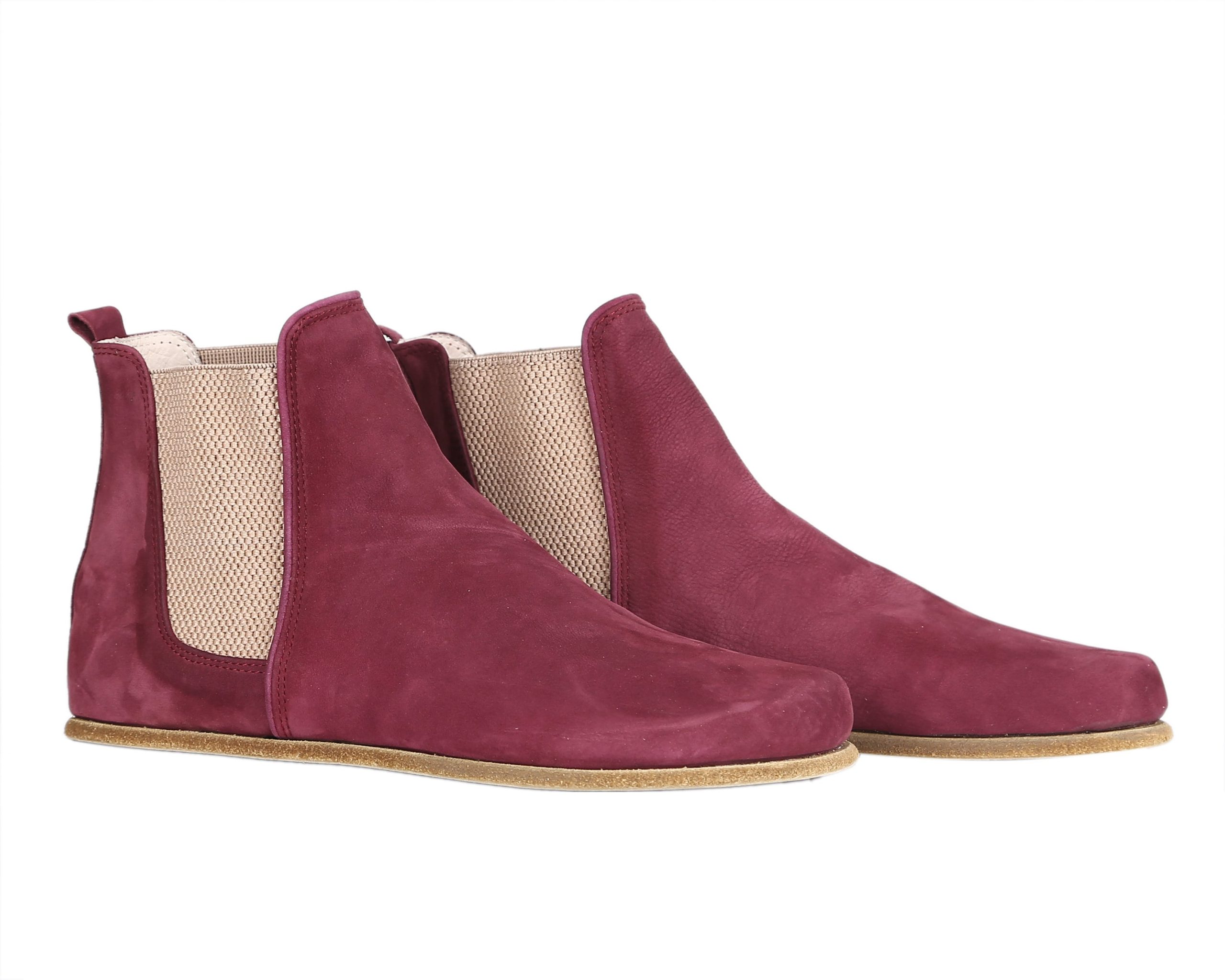 Women Handmade Chelsea Boots Zero Drop, Barefoot Claret Red Nubuck Leather, Natural, Colorful, Leather Insole & Outsole