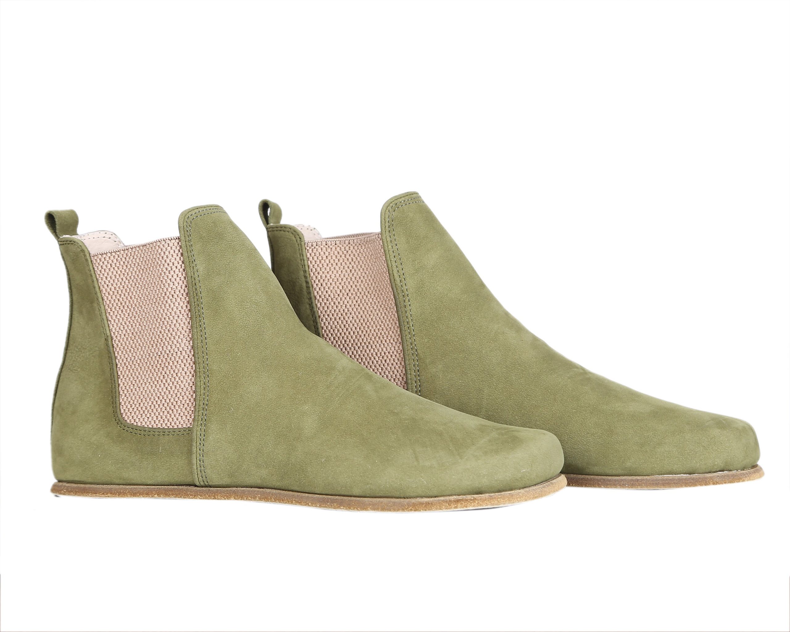 Women Handmade Chelsea Boots Zero Drop, Barefoot Green Nubuck Leather, Natural, Colorful, Leather Insole & Outsole