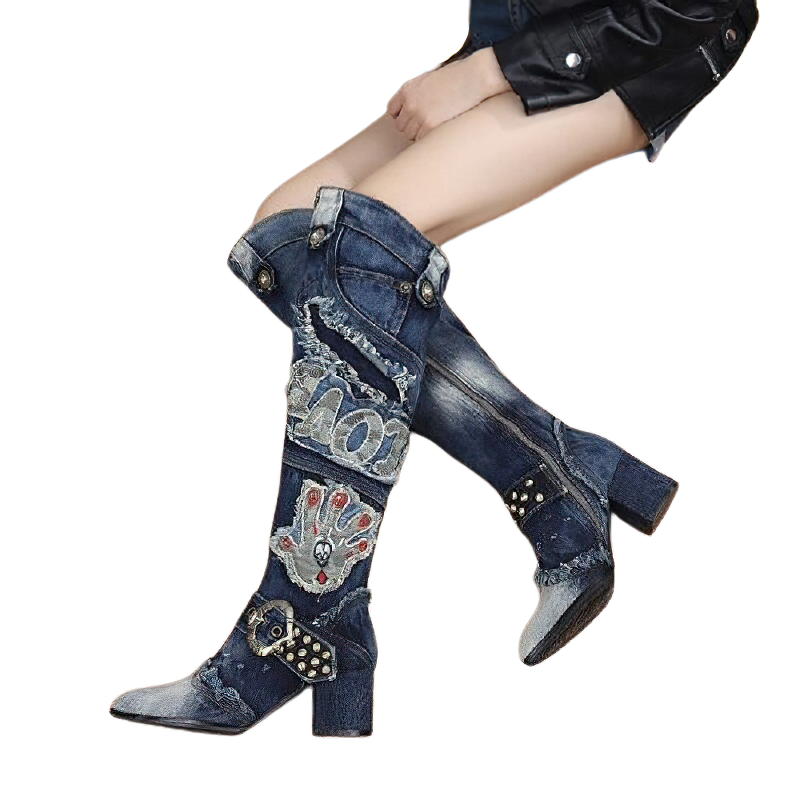 Women Knee-High Boots / High Heels With Rivet And Embroidery / Denim Footwear Of Zipper